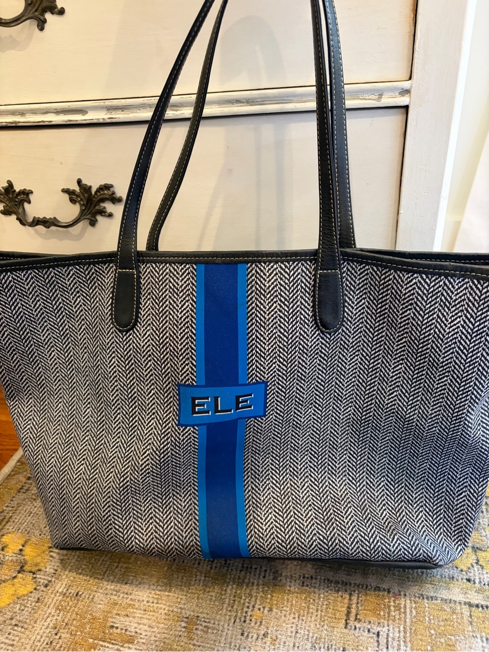 Barrington Striped Herringbone Tote in Blue and Black